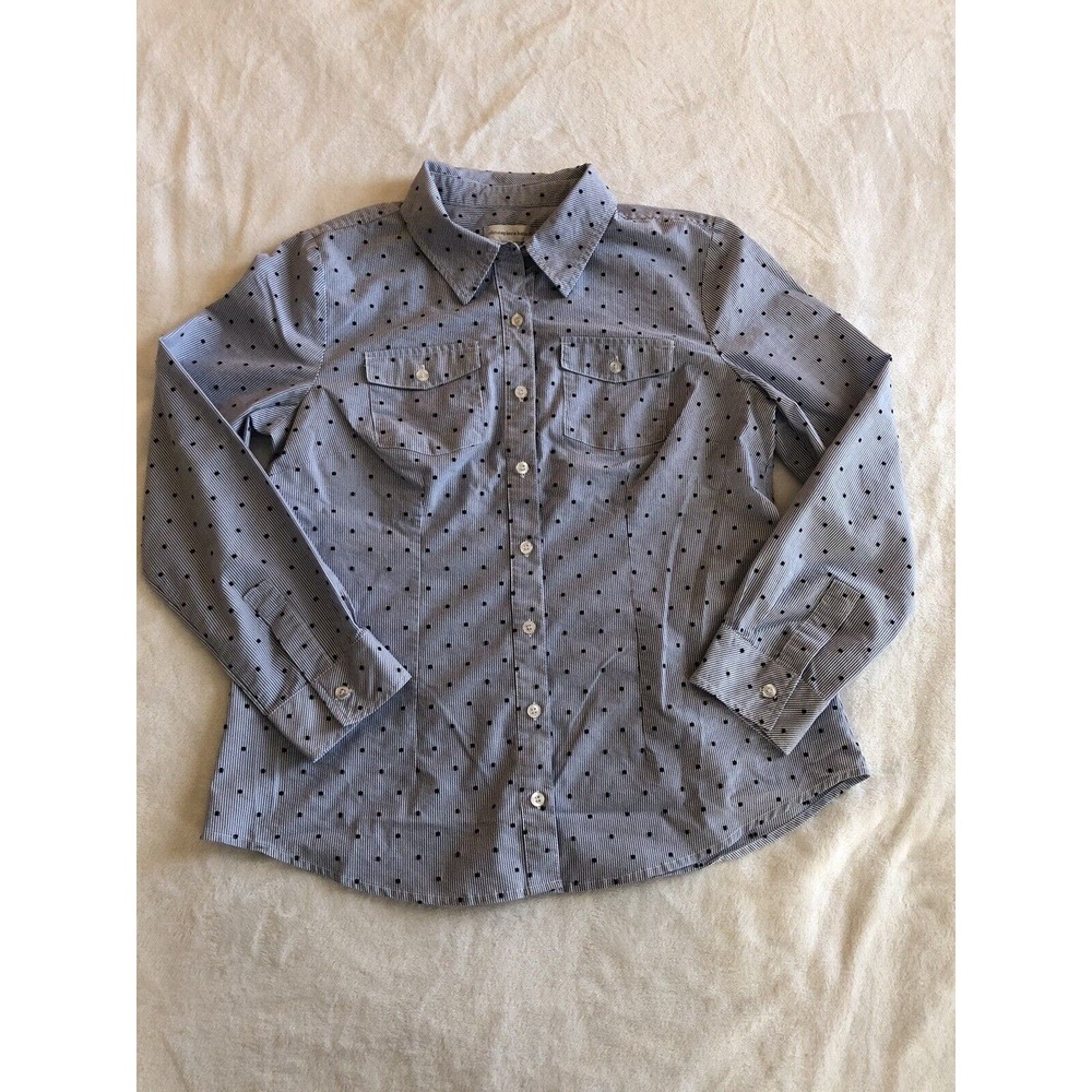 Christopher & Banks Shirt Medium Blue White Stripe Dots Long Sleeve Button Front